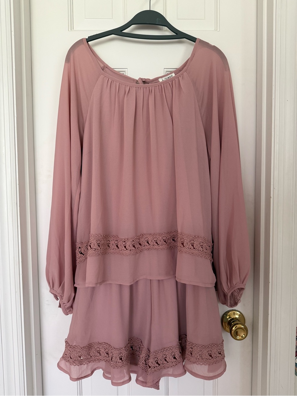 Dusty Rose Lace-Trim Long Sleeve Shorts Romper by b-SHARP